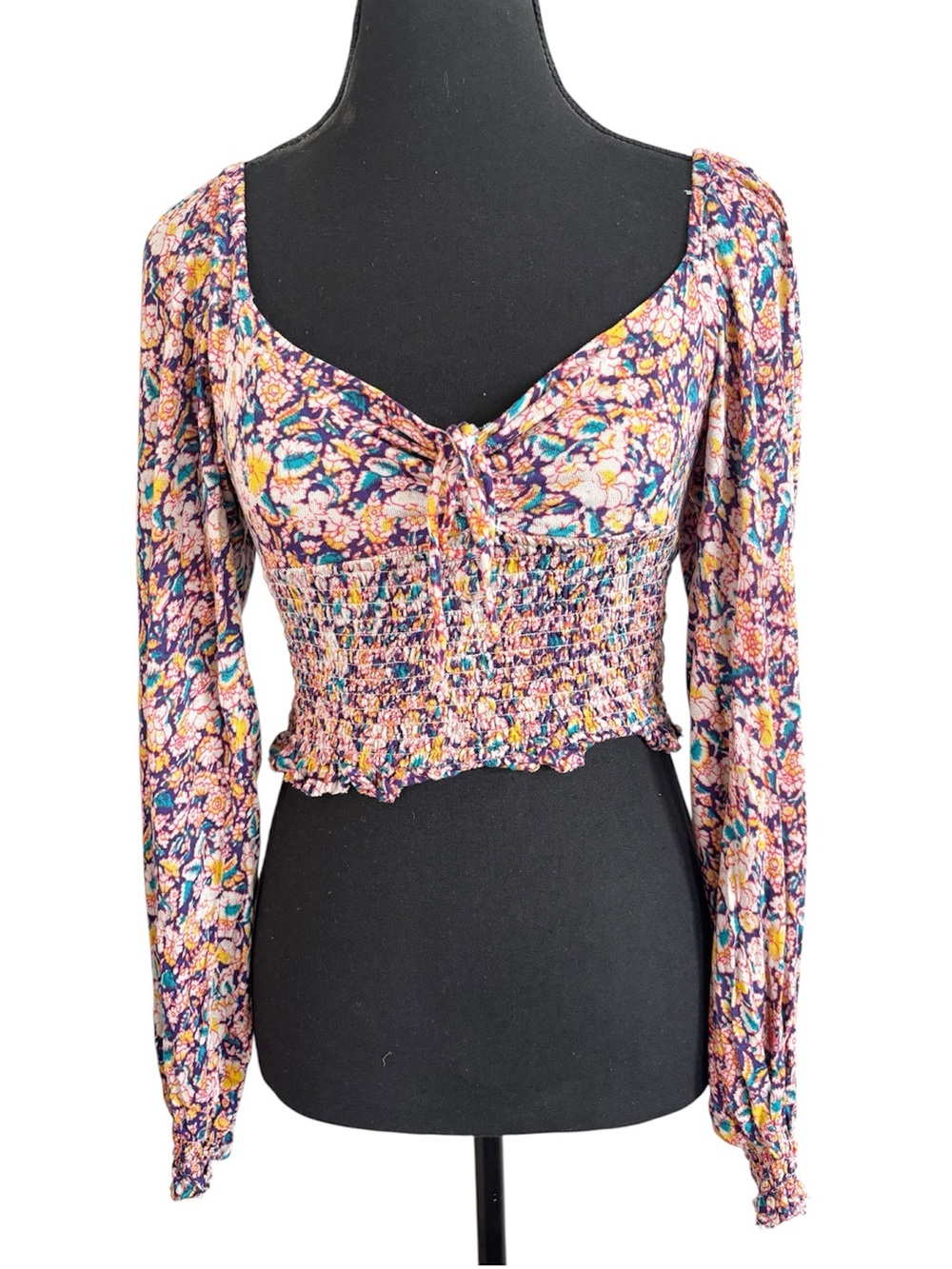 UO Old Soul Smocked Cropped Puff Long Sleeve Tie Blouse